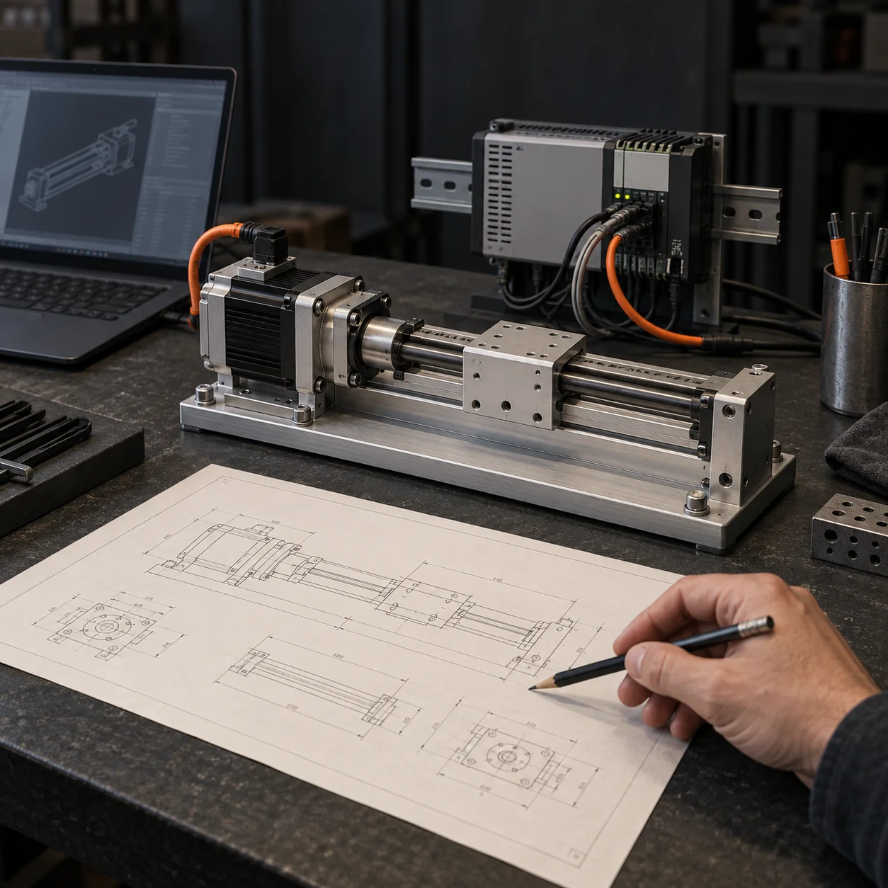 Illustrative automation workbench with a motor-driven actuator, controller, laptop, and a hand reviewing a technical drawing